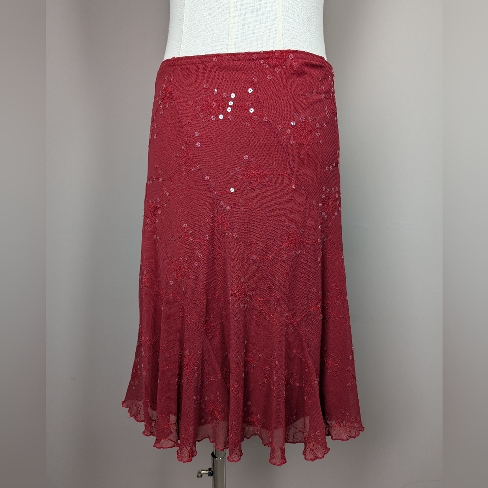 Red Midi Flared Sequin Skirt